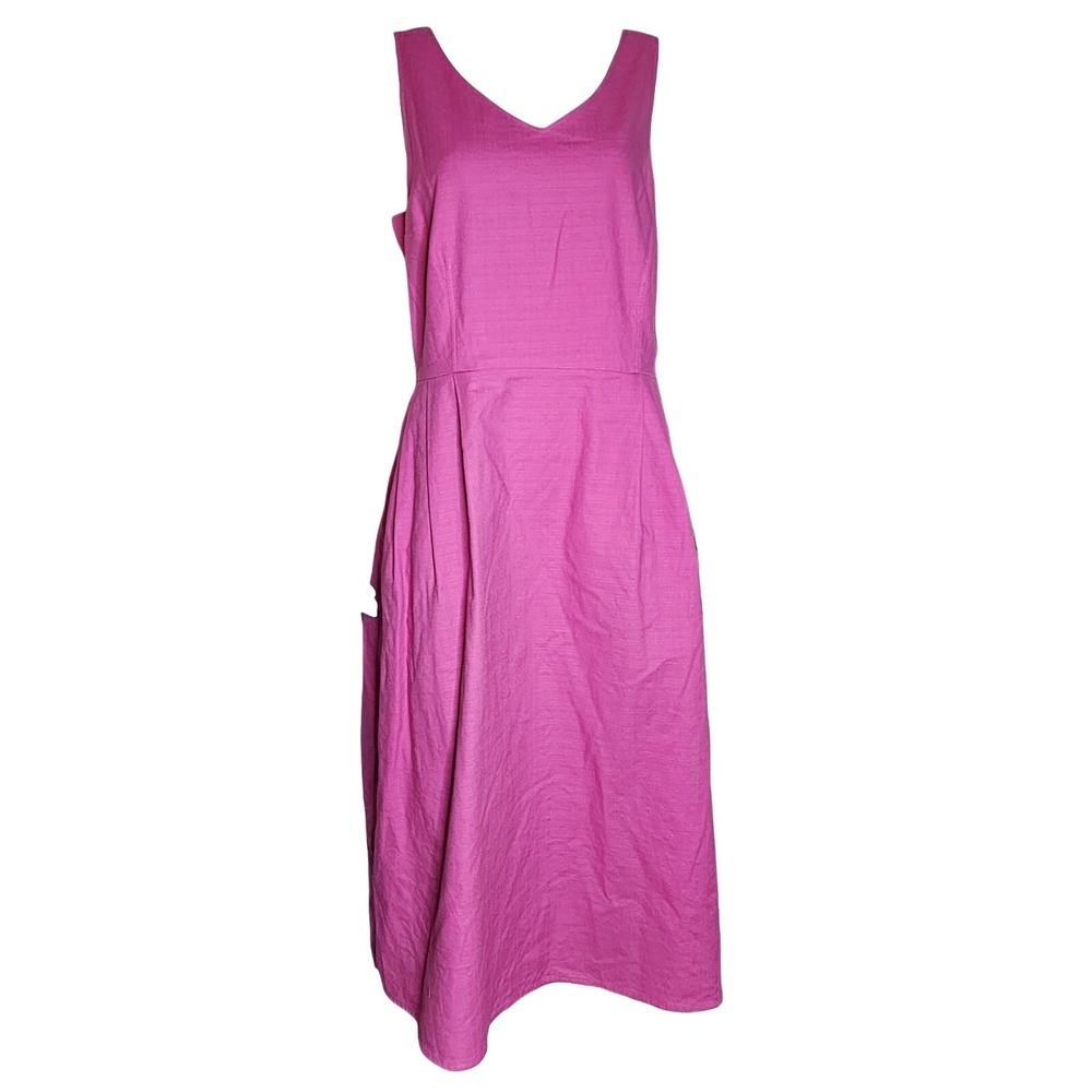 Lands End Dress Womens 14 Tall Pink Sleeveless Pleated Pockets Barbiecore Cotton